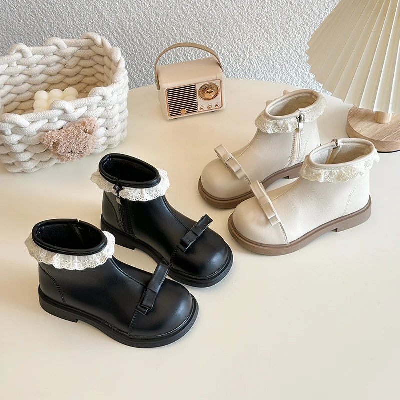 

Girls' Boots 2025 Autumn/Winter New Lace Lace Warm Kid's Boots Korean Edition Fashion Plush Children's Shoes Plus Size 23-35