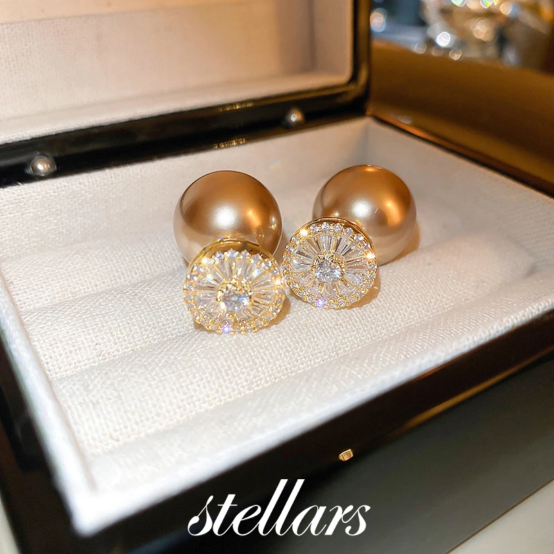 

Golden Plated Silver Needle Zircon Pearl Two Earrings French Niche High-end Sense Earrings New Earrings for Women