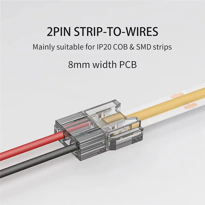SHGO 20pcs LED Light Strip Connectors, 2Pin 8mm Solderless Strip to Wire Connector, Transparent No Dark Area, for COB SMD 2835