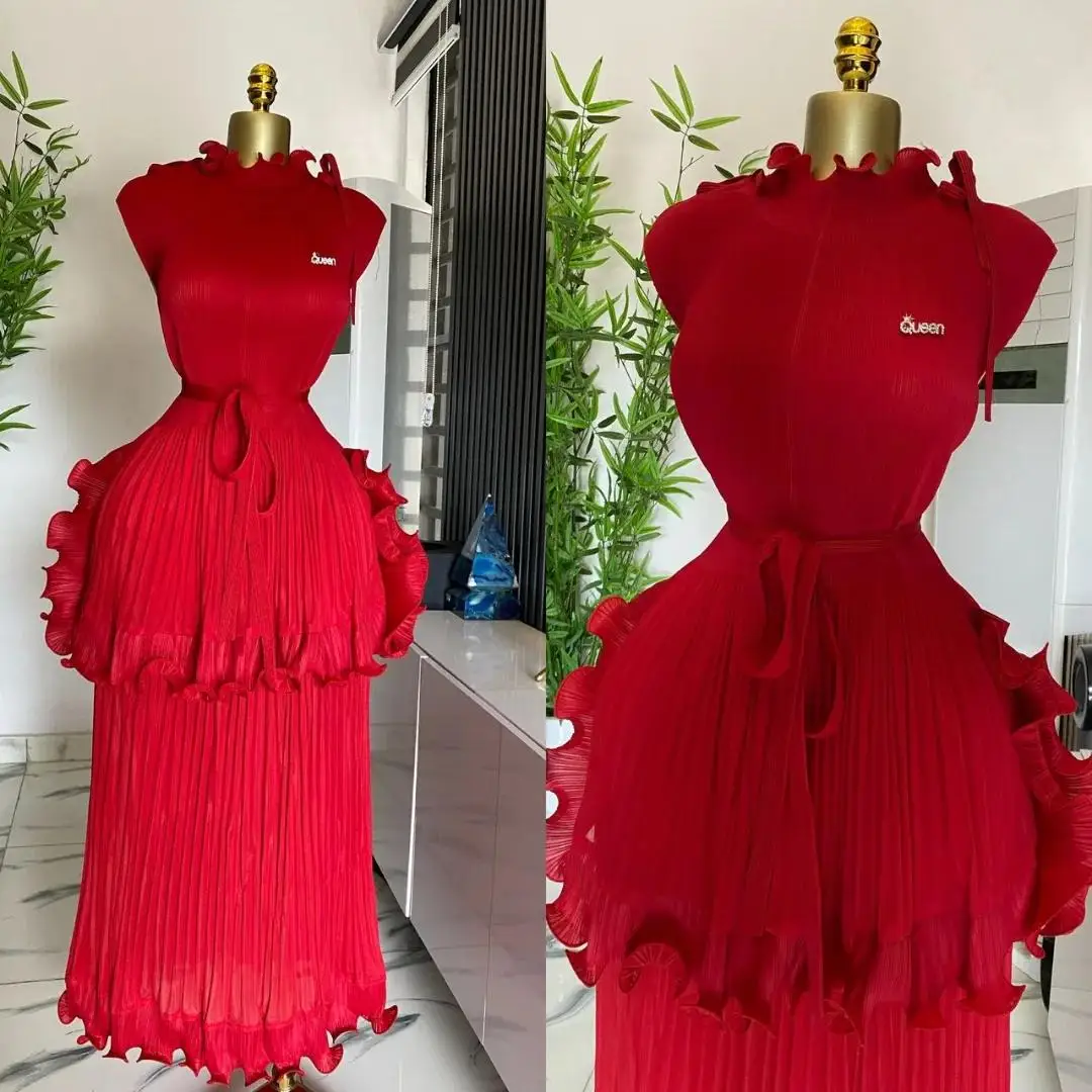 EGRM 2025 Zomer Nieuwe Geplooide Jurk vrouwen Solid Mouwloze Ruches Kanten Onderkant Rok met Riem Mode Vrouwelijke Jurken 9R5618