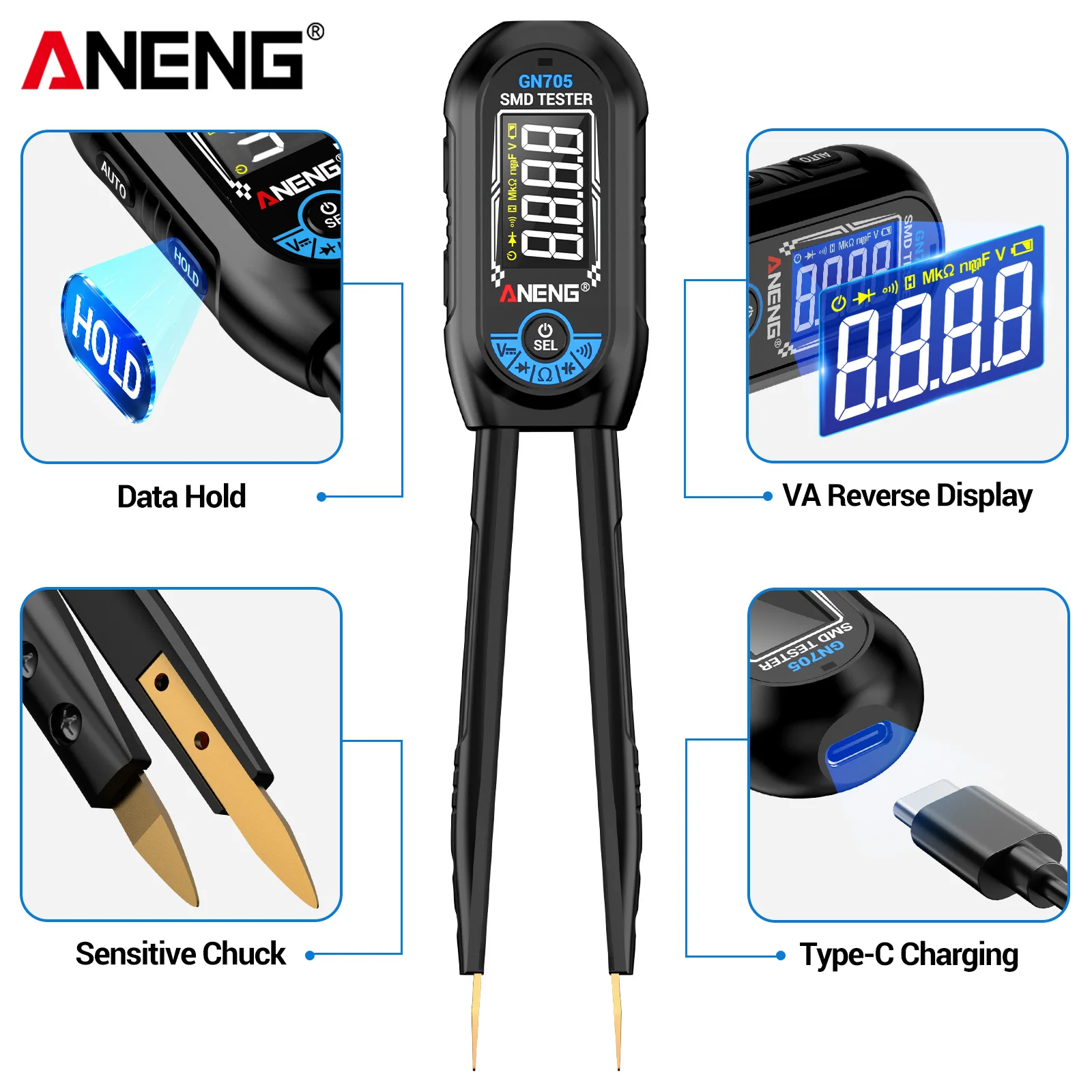 ANENG GN705 SMD Tweezer LCR Tester 6000 Counts Resistance Capacitance Inductance Diode Rechargeable Electrician Repair Tool view 3