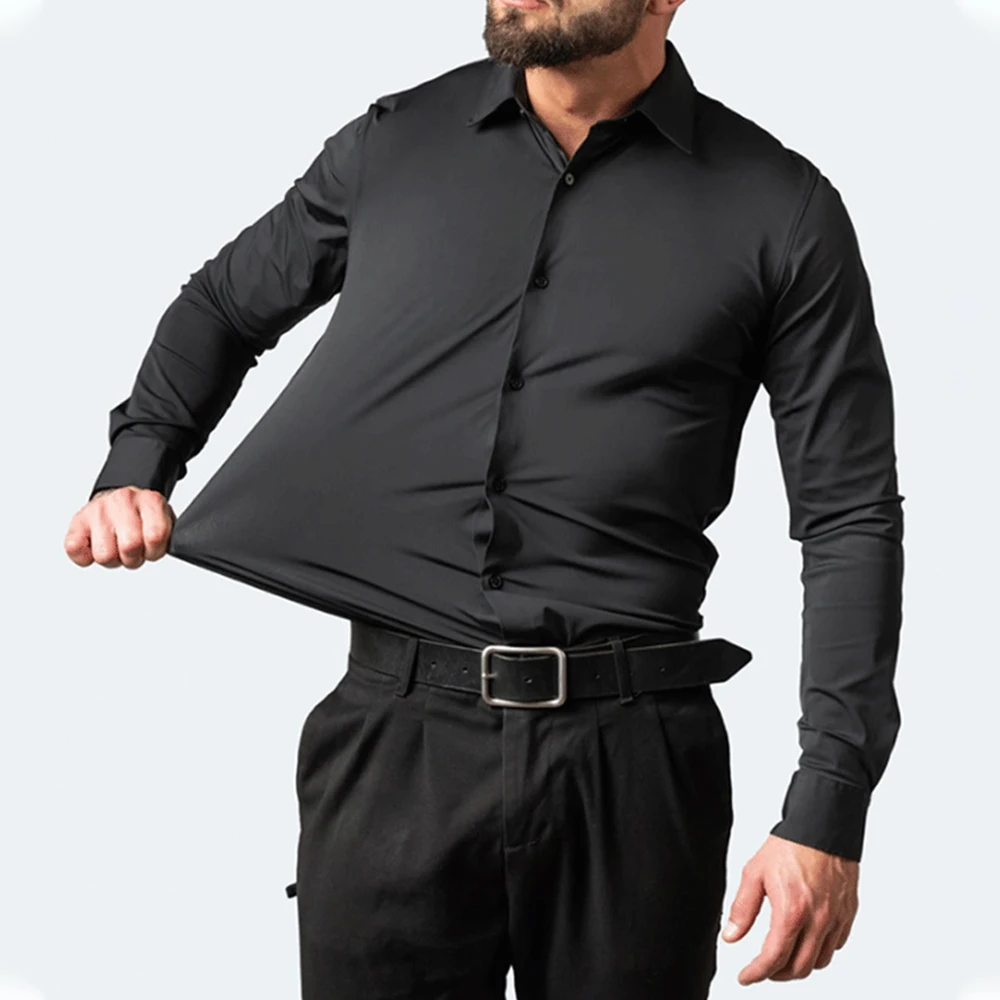 Brand Elastic Shirt Men Long Sleeve Business Casual Clothing Slim Fit Social Shirt High Quality Black Elegant Shirts for Men