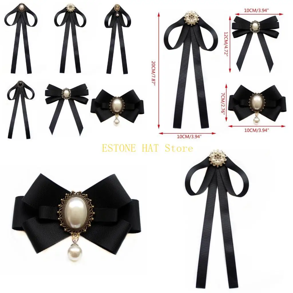 49MF Imitation Pearl Ribbon Brooches Pin Bow Tie Vintage Pre-Tied Collar Jewelry Bowknot Shirt Necktie Clip for Women Girls