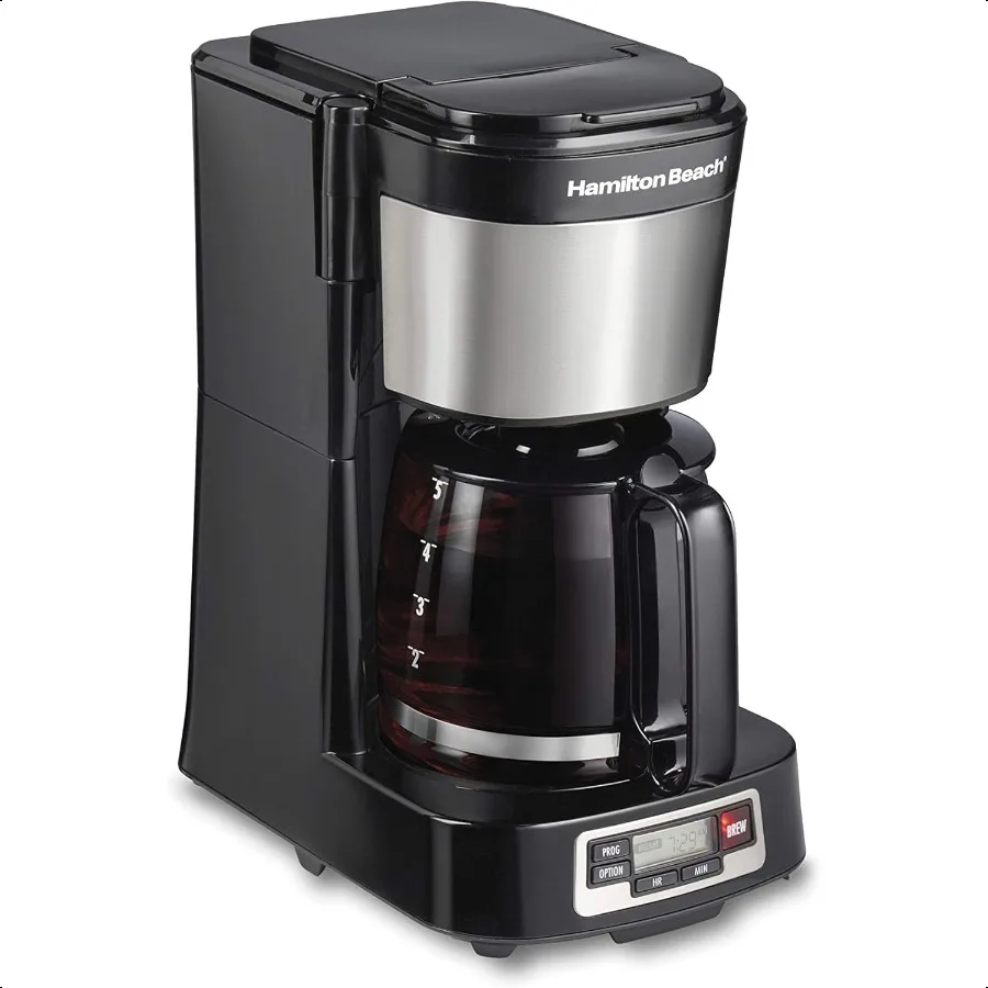 

5 Cup Drip Coffee Maker with Easy FrontFill Basket Compact Design Programmable Clock Glass Carafe Auto Pause and Pour Black and
