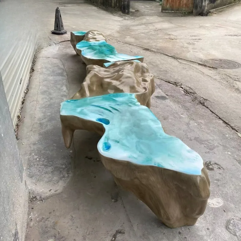 Simulation wood grain fiberglass special line leisure stool lobby sculpture Meichen floor bench