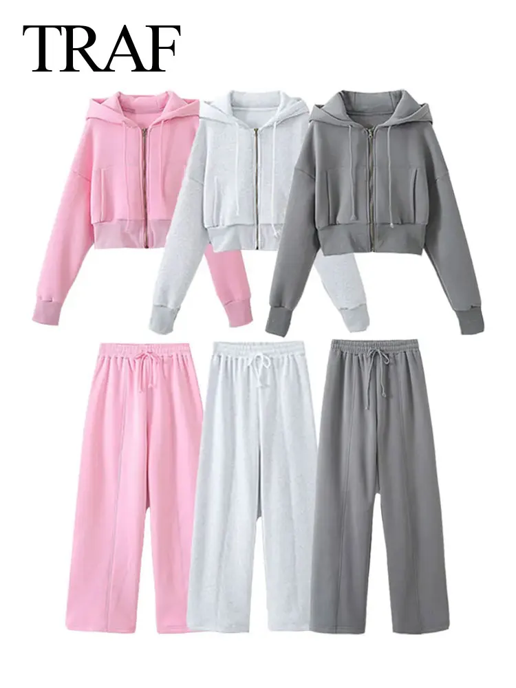 TRAF Spring New 3 Piece Pants Set For Woman 2024 Solid Loose Causal Tube Top + Long Sleeve Hooded Coat + Elastic Waist Long Pant