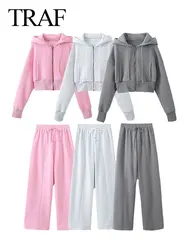 TRAF 2024 Spring Women's Causal Solid Sport Pants Set Long Sleeve Loose Hoodie Coat+Wide Leg Pants+Tube Tops Casual Clothing