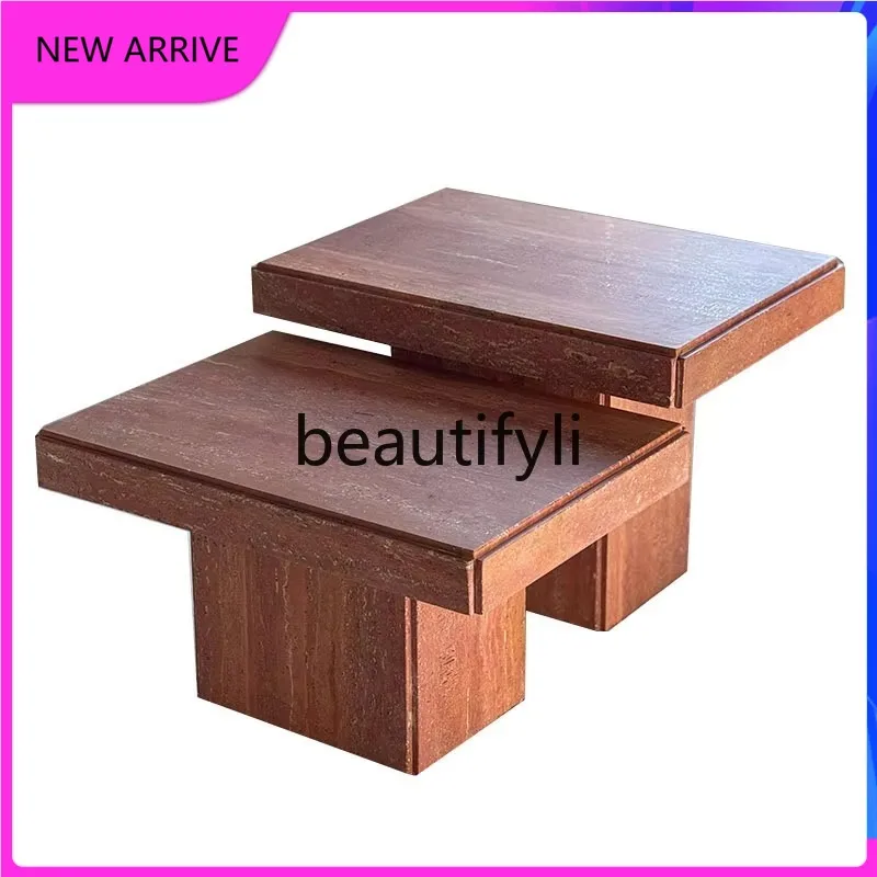 

Light luxury travertine coffee table designer model room living room square high and low, marble simple edge table H