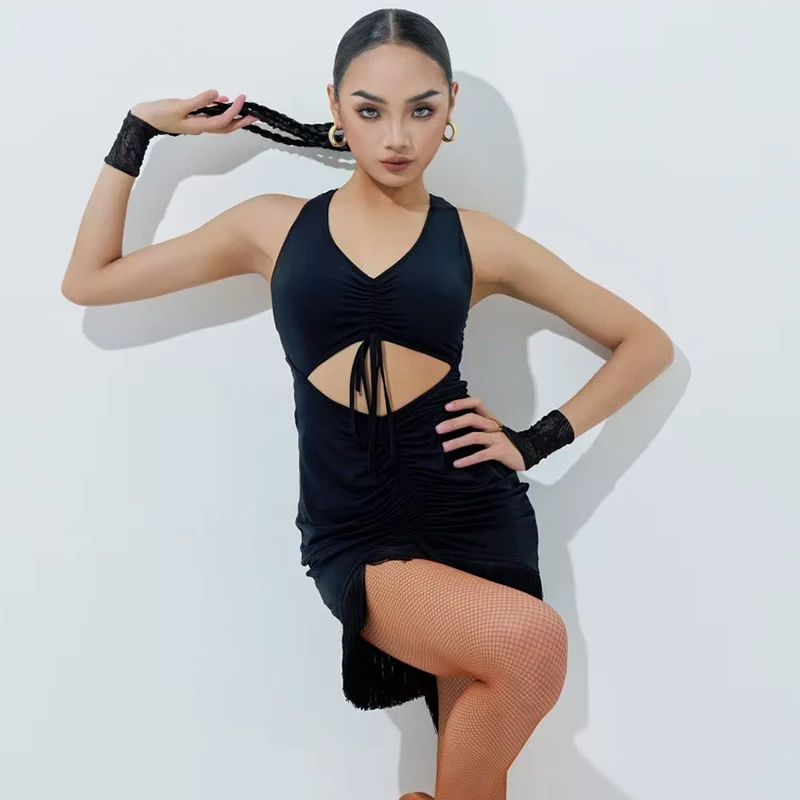 2025 high-end vestido de dança latina para mulheres sexy oco borla prática vestido adulto chacha rumba vestido de competição latina dqs18888