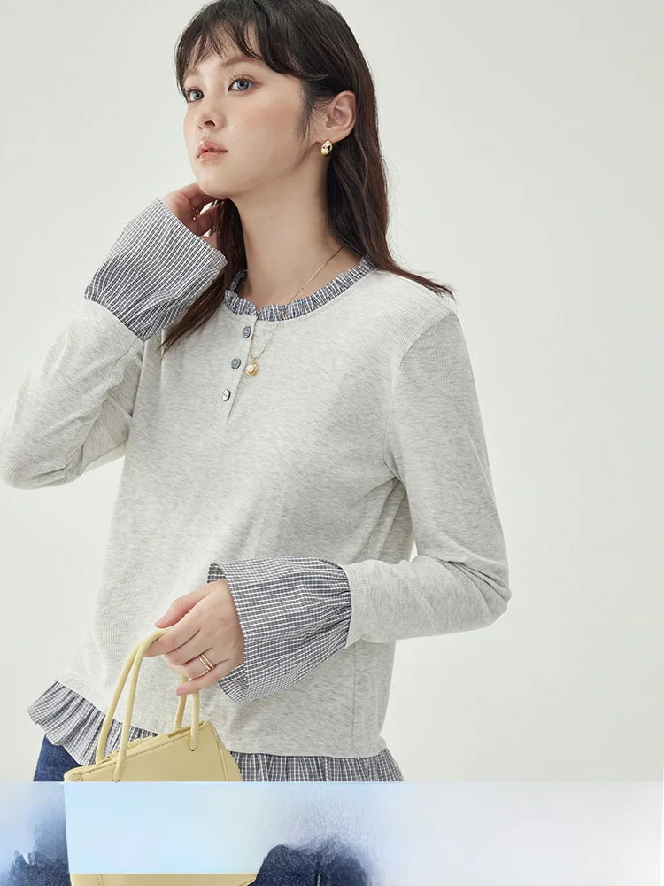 

AMUU Original Design ey Patchwork Long Sve irt T-irt Women's Commute Sle Autumn New Arrival Casual Loose Fit Cotto...