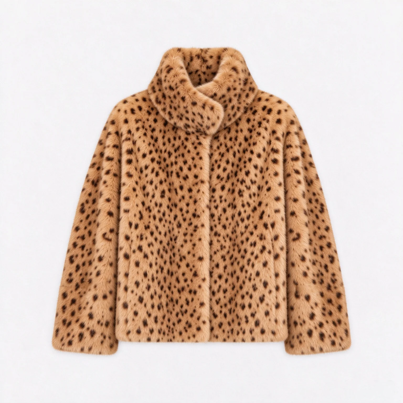 IG Women Leopard Spotted Faux Fur Large Foldover Stand Collar Cropped Jacket, Long Sleeve Winter Warm Vintage Street Commuter Ou