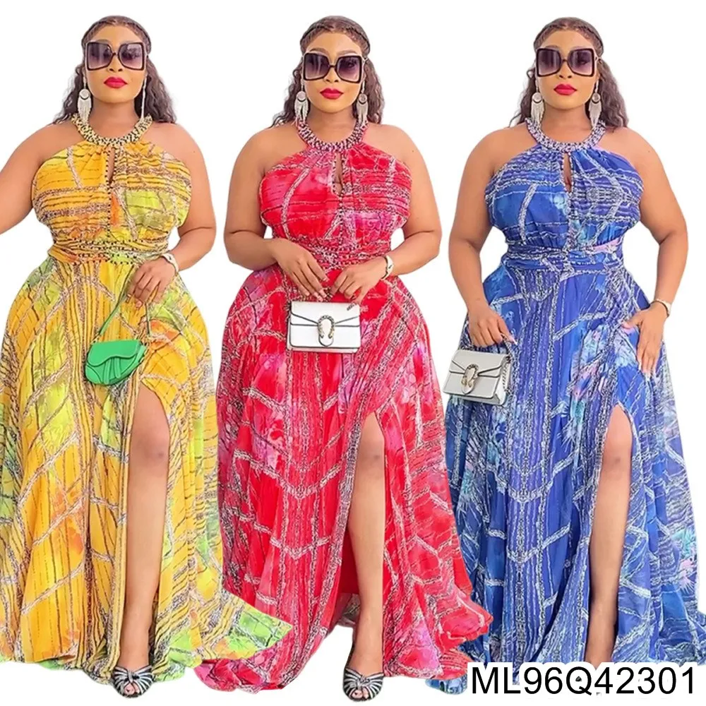 2025 New Plus-size Women's Off-the-shoulder African Dress for Spring and Summer, Printed Beaded Long Dress ML96Q423