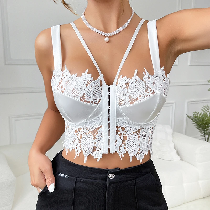

Sexy French Style Soluble Lace Trimmed Short Ladies Camisole with Front Button Wrap Chest Strap Vest for Women Inner Wear