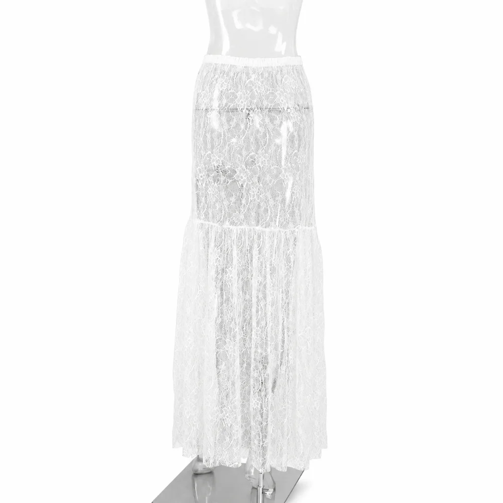 Jacquard Weave Skirt Bottom Sheer Mesh High Waist Frame A Line Garment Loose Cut Soft Lace Trim Lace Women Wear Date Meet