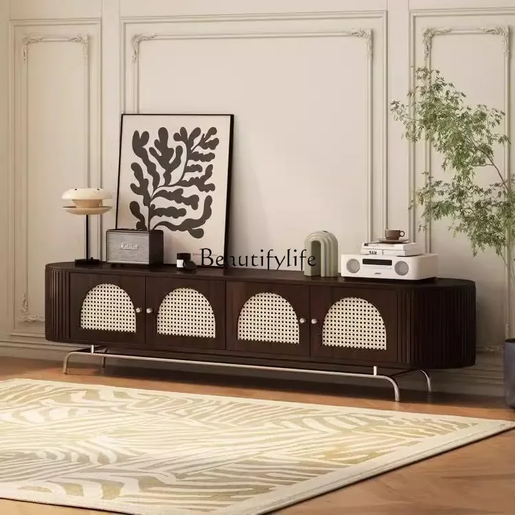 02-خزانة تلفزيون من الخشب الصلب الروطان شقة صغيرة إسكندنافية لغرفة المعيشة خزانة تلفزيون فرنسية من القرون الوسطى خزانة منزلية خزانة صوتية وبصرية