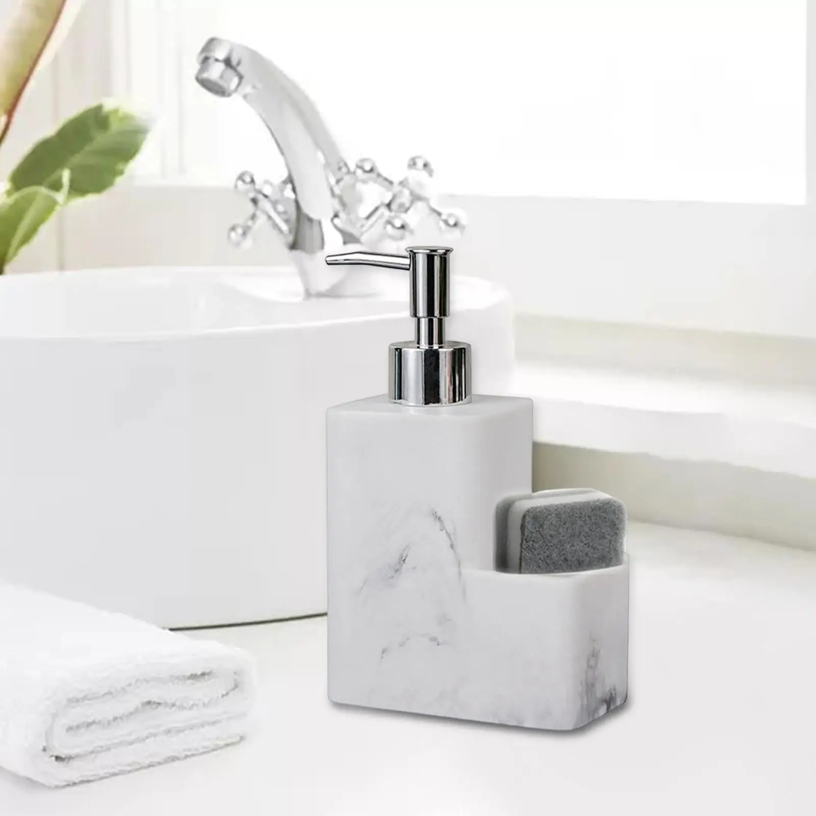 Refillable Soap Dispenser Bottle Organizer Holder Stores Scrubbers Marble Surface 15oz for Kitchen Countertop Bathroom