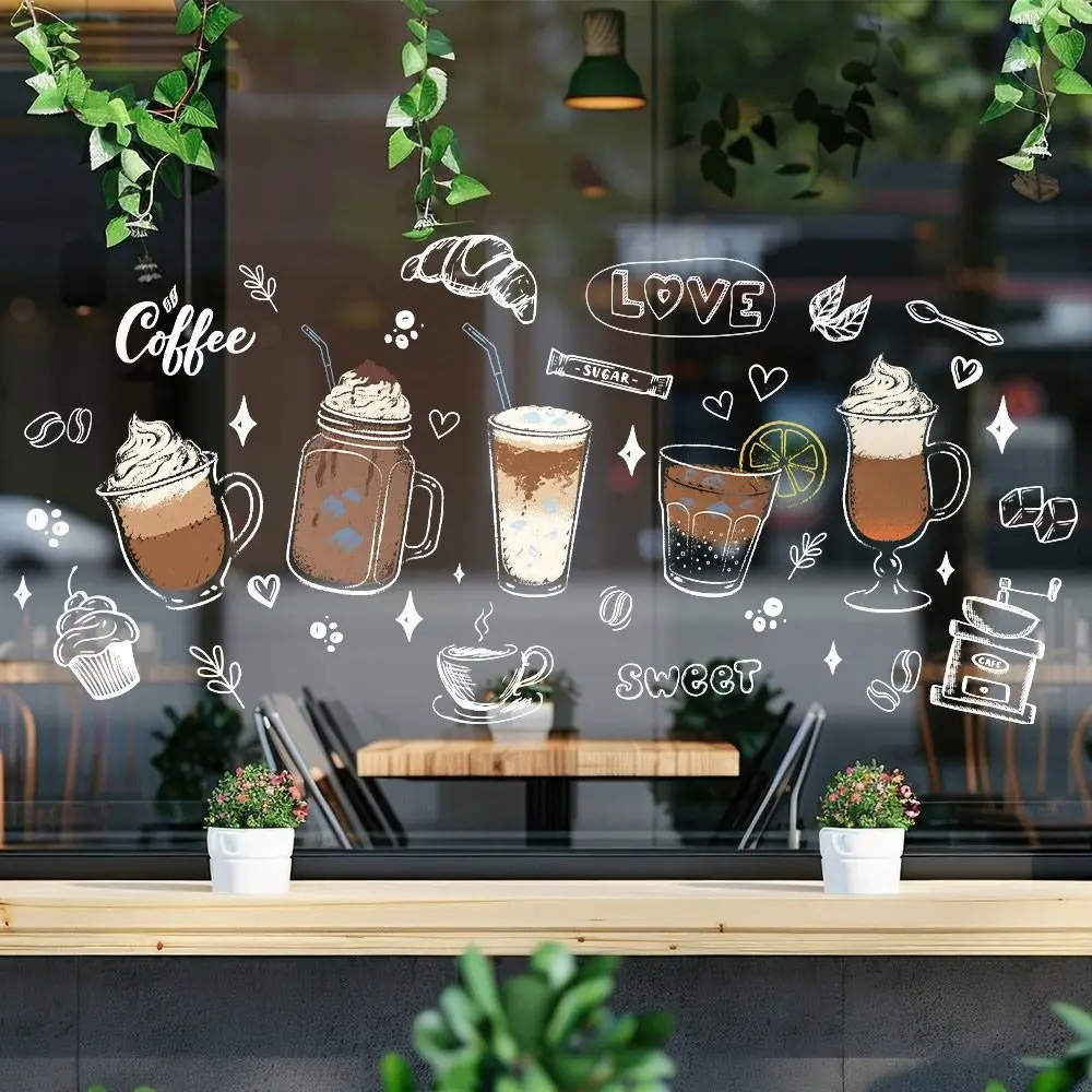 New Multicolor Shopwindow Stickers Cartoon Ice Cream Bread Static Window Sticker Milk Tea Cup Glass Door Decals Cafe Bread Shop