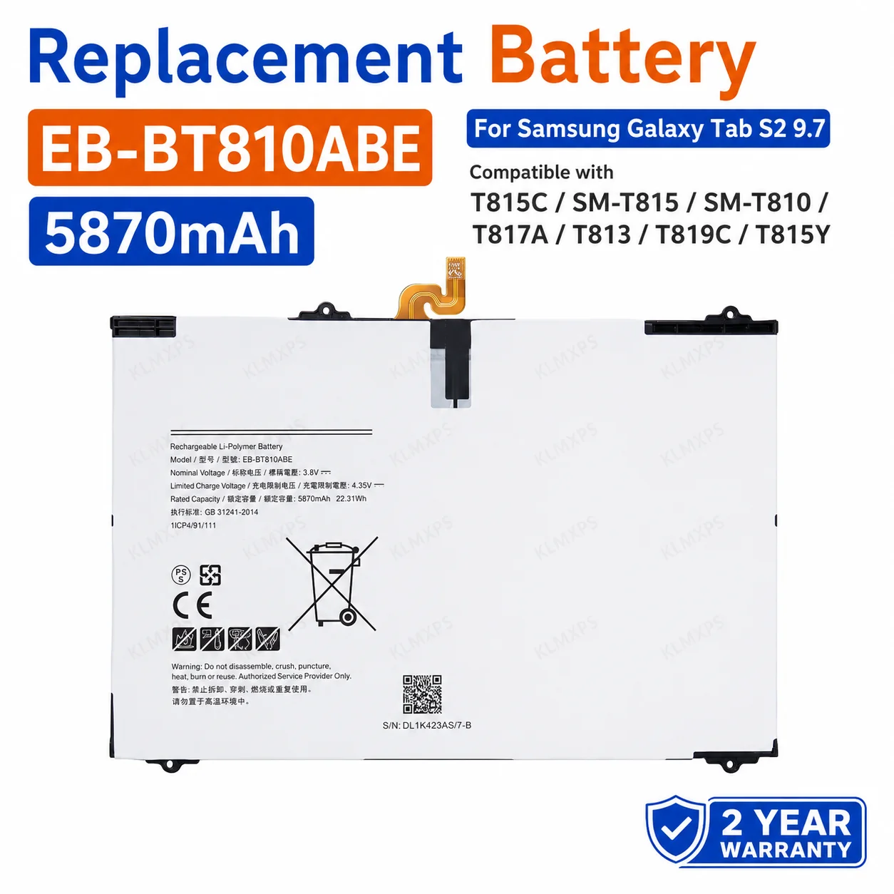 New High Capacity EB-BT810ABE 5870mAh Tablet Battery for Samsung Galaxy Tab S2 9.7 T815C SM-T815 SM-T810 T817A T813 T819C