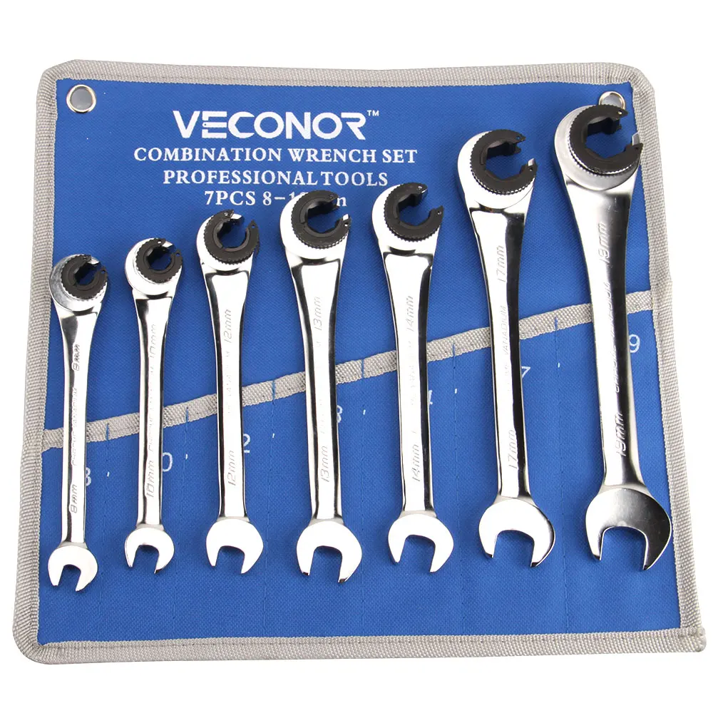 7Pcs Ratchet Flare Nut Wrench Spanner Set of Multitools Mirror Polished Oil Pipe Wrench