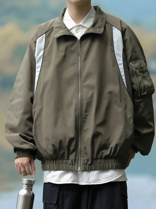 

American Sle Color Blo Workwear Jaet Men's Spring Autumn Sports Loose Pilot Baseball orm Long Sve Zipper Closure