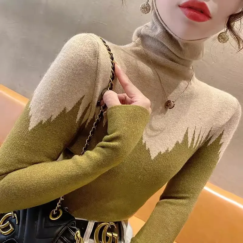 2024 Spring Contrast Style Vintage Fashion Sweaters Women Y2k Slim Turtleneck Casual Knitted Top Chic Spliced Pullovers