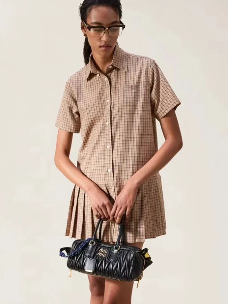 

Vintage plaid embroidery micro-label lapel single-breasted pleated shirtdress 2024 Summer women's new fashion shift dress