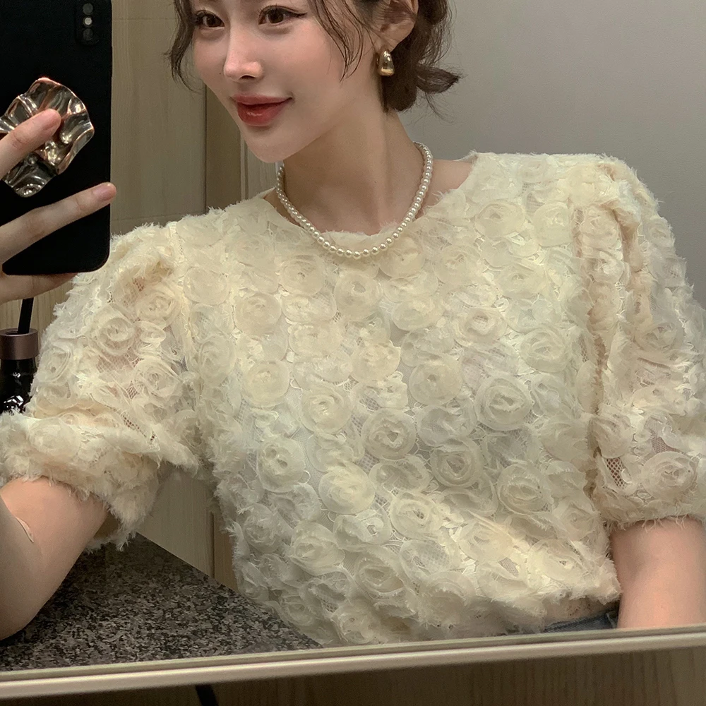 

Тяжелые рубашки с тремя D розами, женская летняя блузка с пышными рукавами и круглым воротником, пуловеры, топы, женские женские 2025