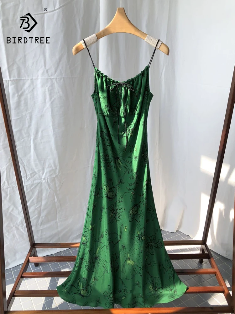 

BirdTree-17MM 100% Silk Elegant Suspender Strap Dress, Women Print Lace-up, French Retro Party Dresses, 2025 Summer New D56464CC