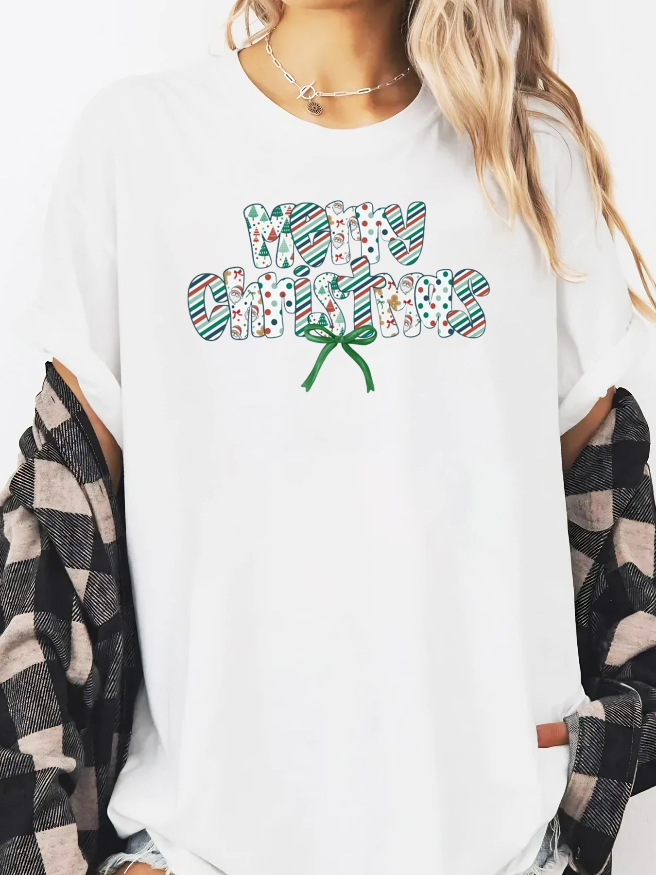 메리 크리스마스 프린트 홀리데이 긴 소매 티셔츠 여성 캐주얼웨어 화이트 플러스 사이즈