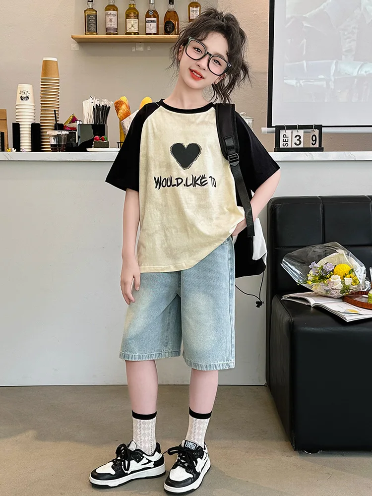 الفتيات الصيف Faion ort Sve تي شيرت الجينز orts مجموعة نظيفة Dir Sle 2025 جديد وصول المدرسة المتوسطة الفتيات الملابس #4