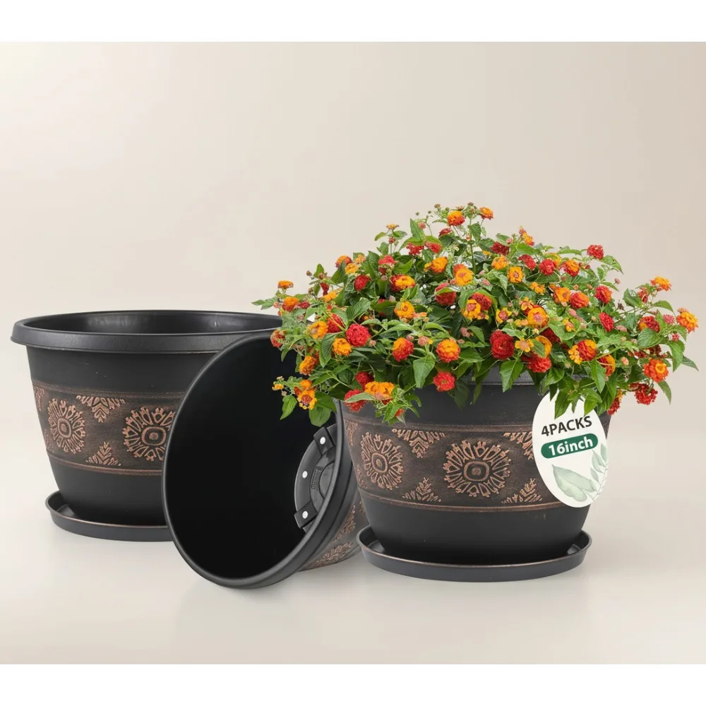

4 Pack 16 Inch Retro Plant Pots with Drainage Holes and Saucer, Sturdy Plastic Garden Flower Pots for Indoor Outdoor Plants
