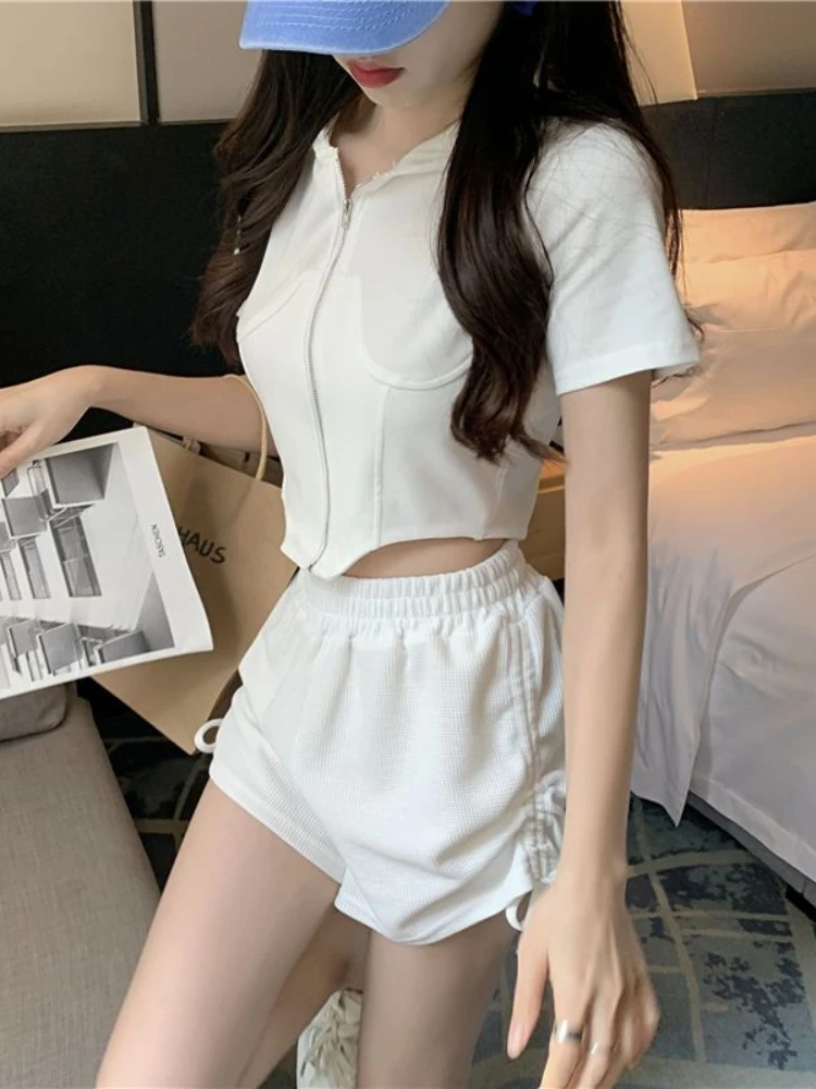 Short Sets Women Solid Lace-up Sporty Creativity Korean Style Young Fashion Simple All-match Trendy Casual Basics Summer Ladies