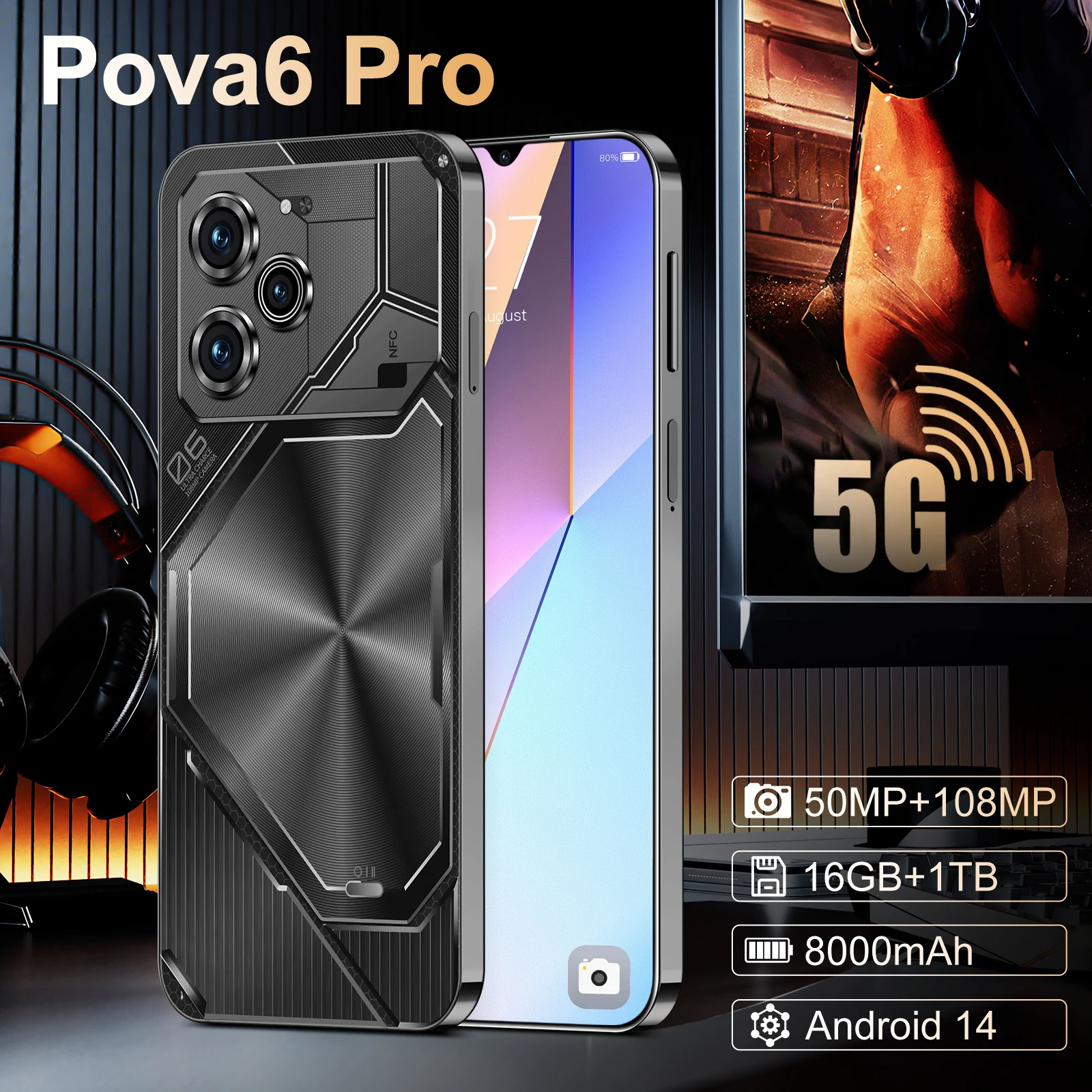 Мобильные телефоны с экраном Pova6 Pro HD7.3, оригинальные мобильные телефоны 16G + 1T 5G Dual Sim Celulare Android, разблокированные сотовые телефоны, глобальная версия