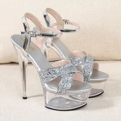 Fashion Women's Sandals Platform Party Pumps PU 15CM Thin Heels Summer Buckle Strap in A Line Sequin Women Shoes Silvery