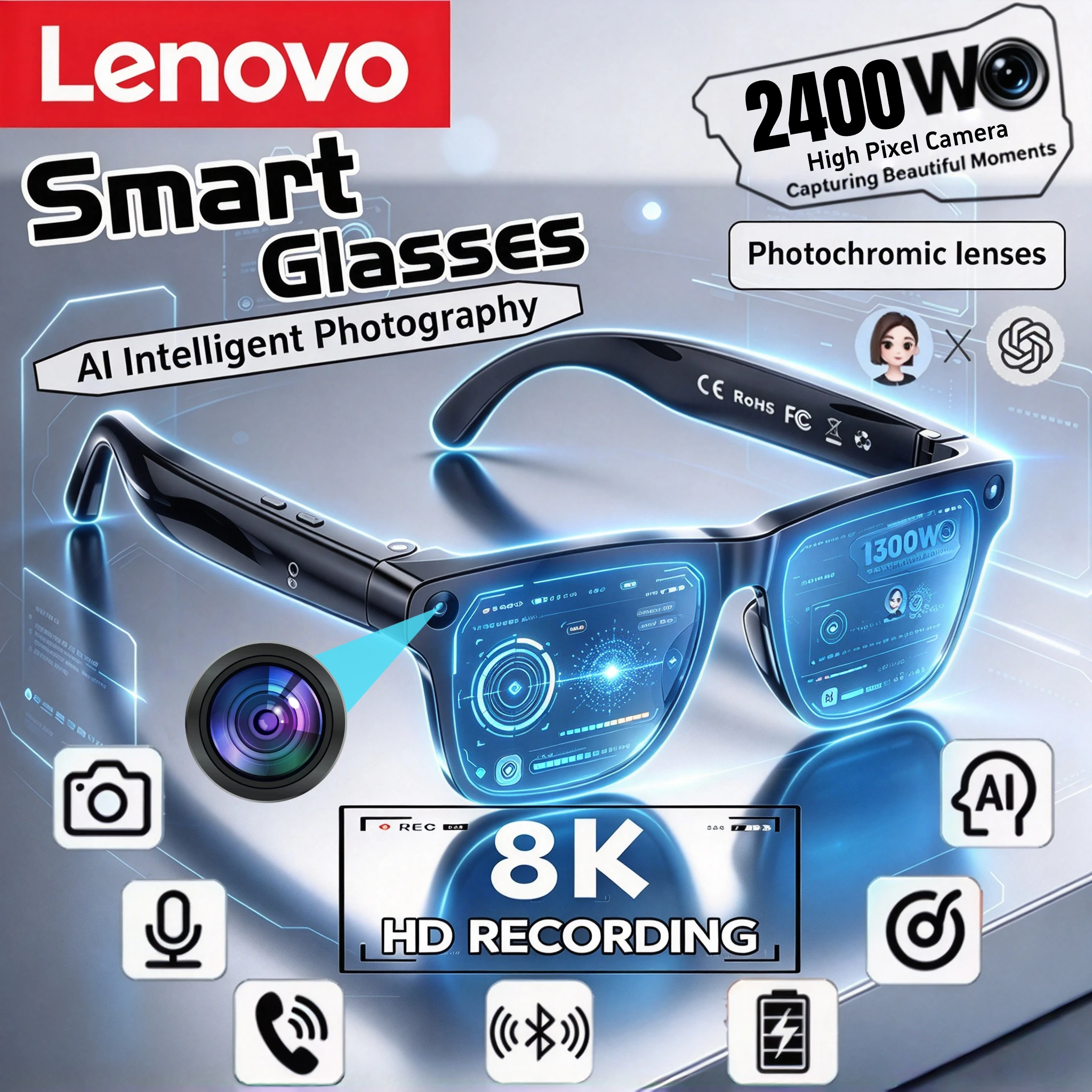 Lenovo Smart AI Glasses HD 8K Shooting Camera Photo Video Voice Call Translation Bluetooth AI Smart Glasses Upgrade 2027