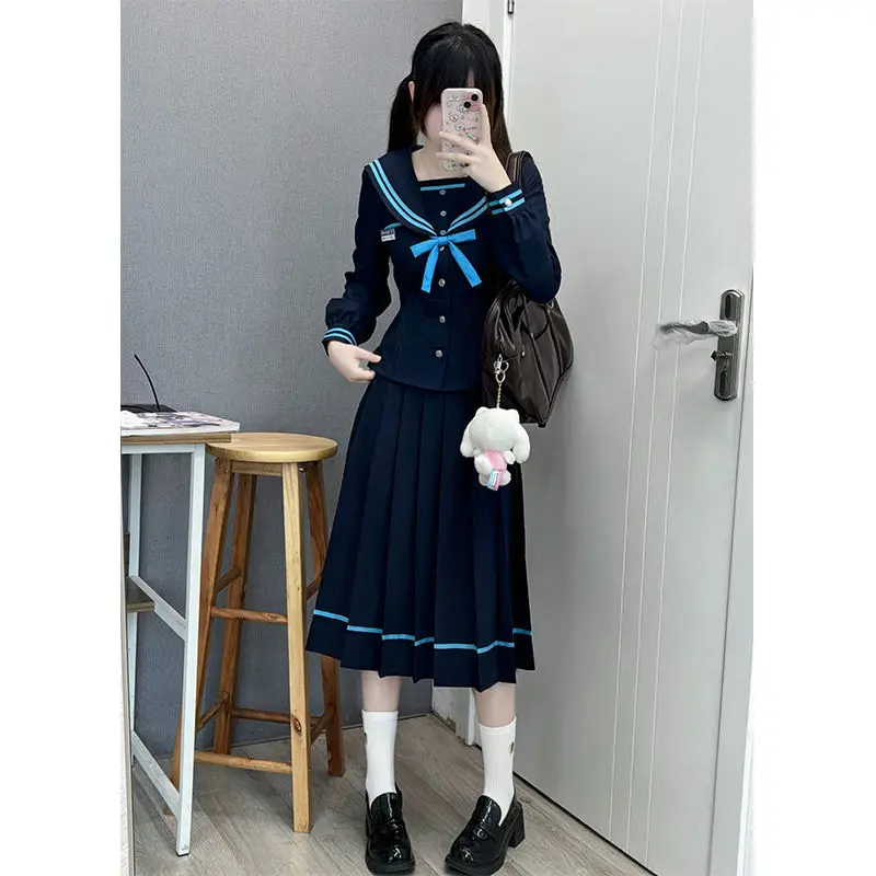 

Japan Student Union JK Uniform Sailor Suit Blue Skirt Long Sleeve Navy Collar Bow Tie Two Colors Two-piece Set Vitality Kawaii