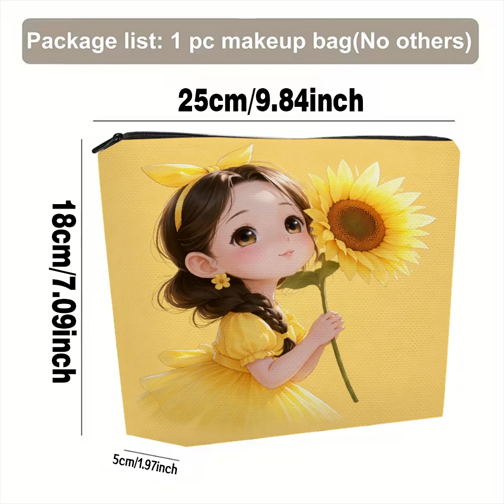Girl Holding Sunflower Yellow Dress Makeup Bags for Girls Cosmetic Pouch Toiletry Bag Pencil Case Travel Storage