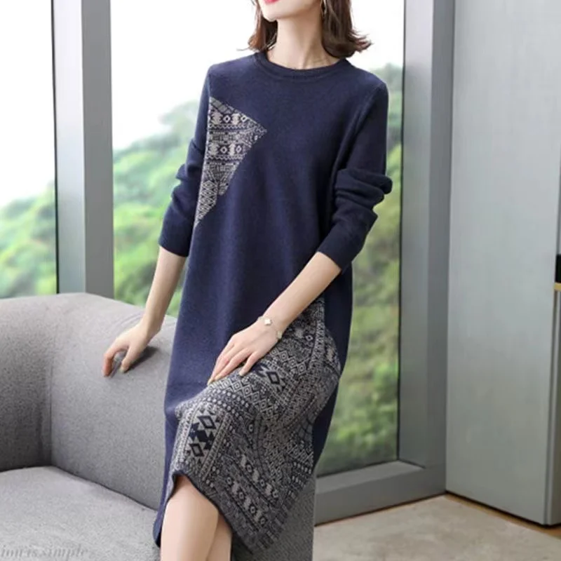 

Autumn Winter Black Knitted Print Midi Dress Women Luxury Chic Long Sleeve Casual Dress Korean Vintage Sweater Party Dress