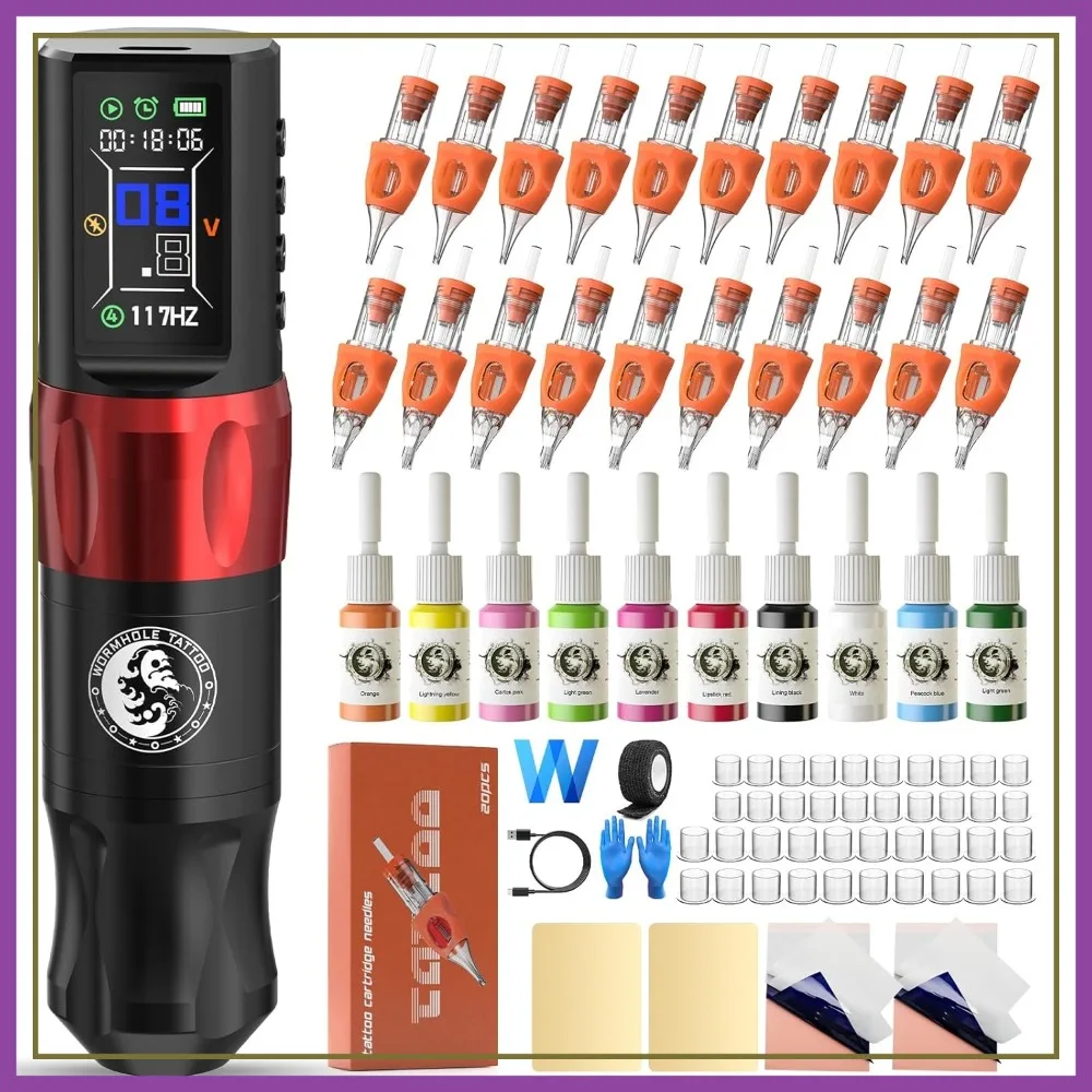 

Wireless Tattoo Pen Kit with 1800mAh Battery, Adjustable Voltage 4-12V, 4mm Stroke, for Lining Shading Dotwork