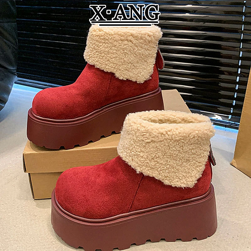 

Fashion Angola Red Snow boots For Womens 2024 Famale Shoes Winter Warm Lamb Fleece Flat Zip platform Ladies Christmas Boots