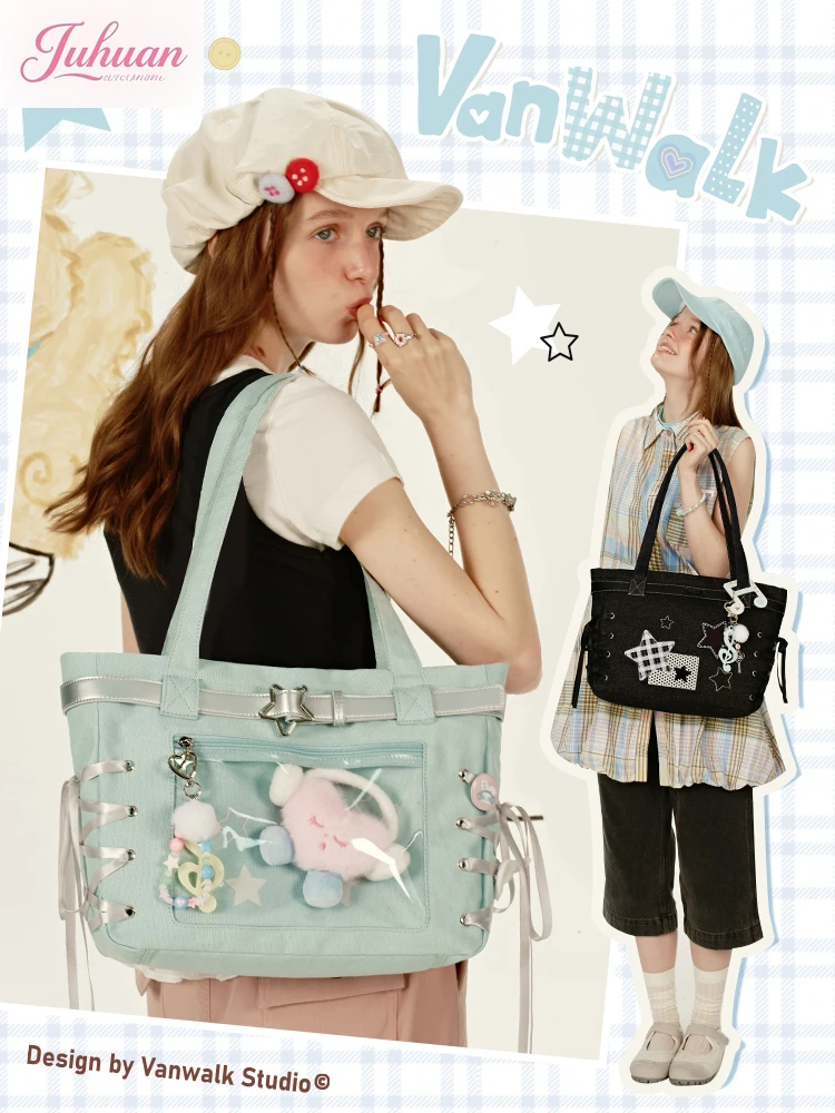 

2025 New Japanese Bow Ltabag Women's Small Food Daily Ribbon Pain Bags Large Capacity Binary Yuan Animation Tote Bag for Female