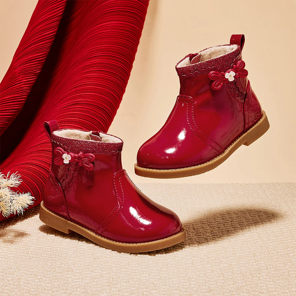 Dave Bella Children Short Leather Boots Winter Warm Kids Velvet Red Anti Slip Shoes Fashion Casual Outdoor Girls Boots DB4254723