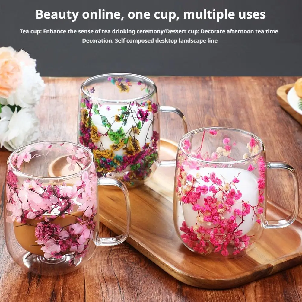 Doppelwandige Glasbecher, doppelwandige Tassen mit Trockenblumen für Kaffee, hitzebeständige doppelwandige Glasbecher mit Trockenblumen für kalte Getränke