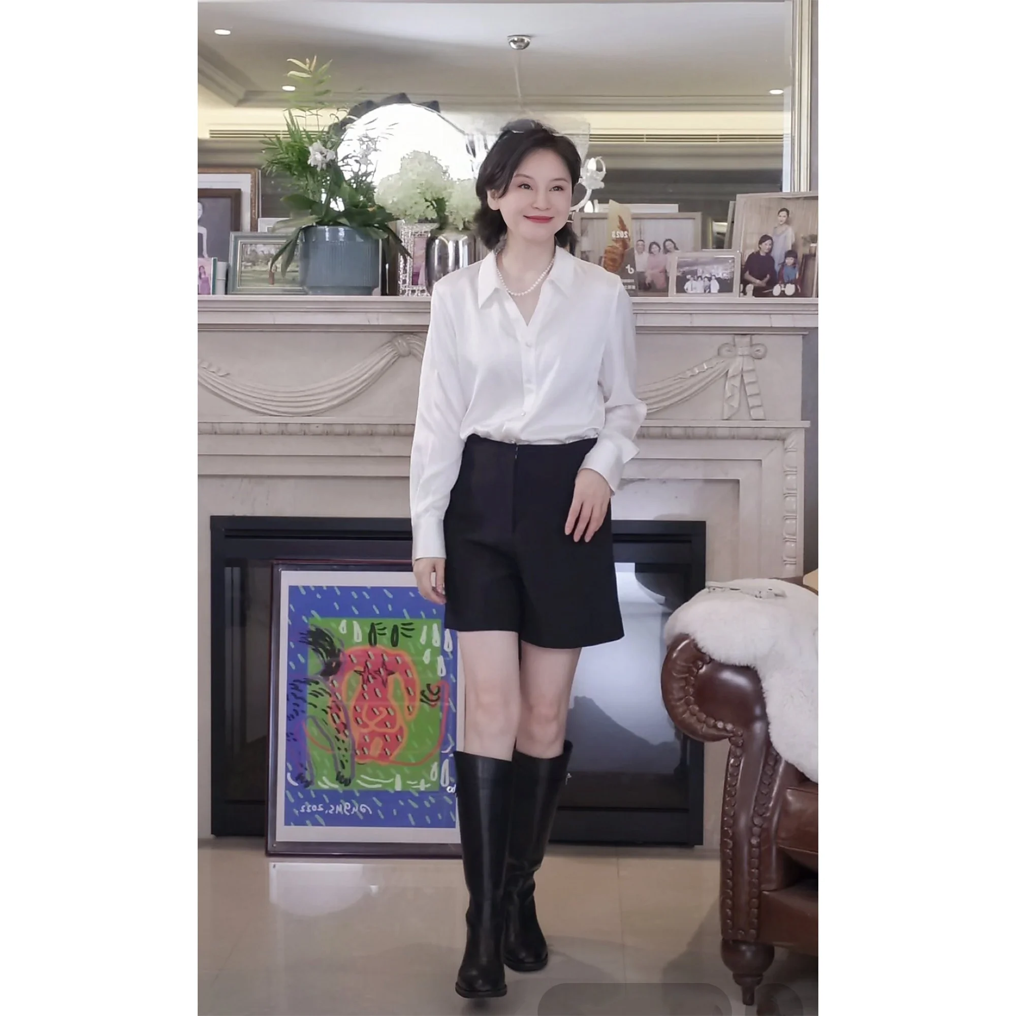 

Silk Satin Long Sve irt Pearl Glossy Lapel Spring Summer Women's Busin Casual Straight Cut Elastic Fiber Blend irt