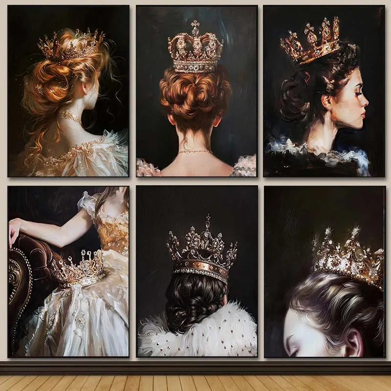 Vintage Crown Victorian Woman Poster Queen Portrait Canvas Painting Antique Wall Art Picture Living Room Home Decor Mural
