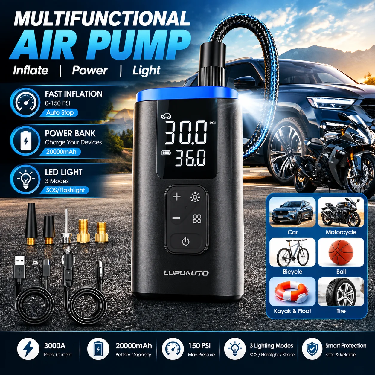 Gonfleur de pneus sans fil 3 f - Cordless Tire Inflator 150Psi avis et prix