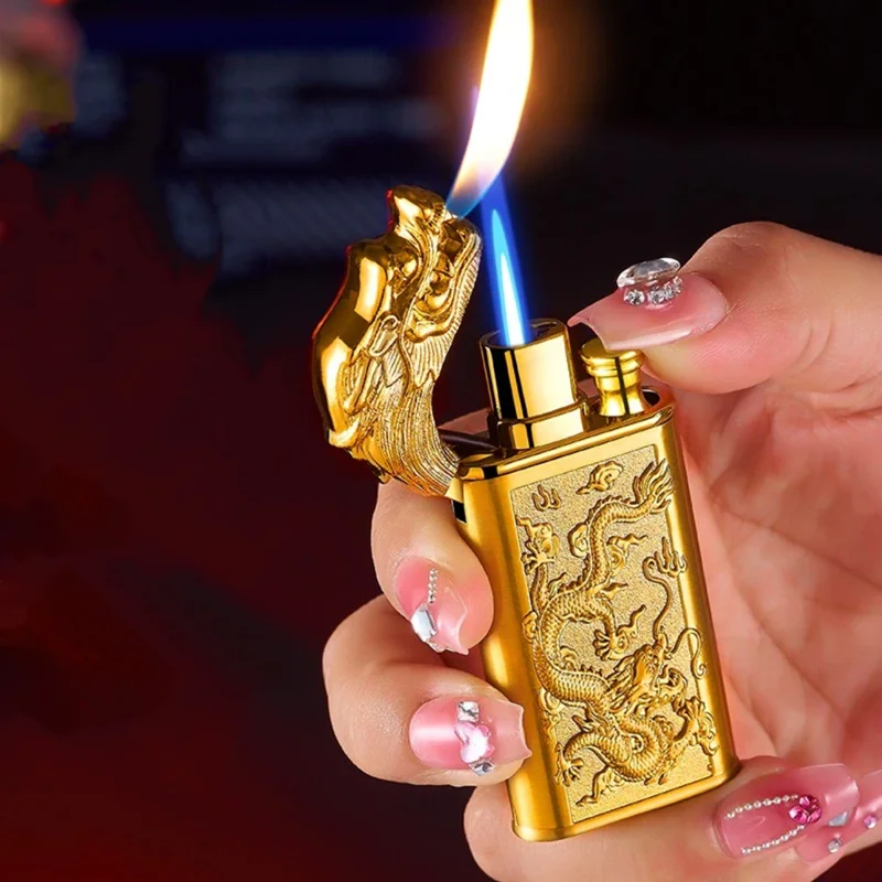 Windproof 3D Dragon Double Flame Lighter Metal Double Flame Conversion Jet Inflatable Portable Lighter Trendy Men\'s Gift