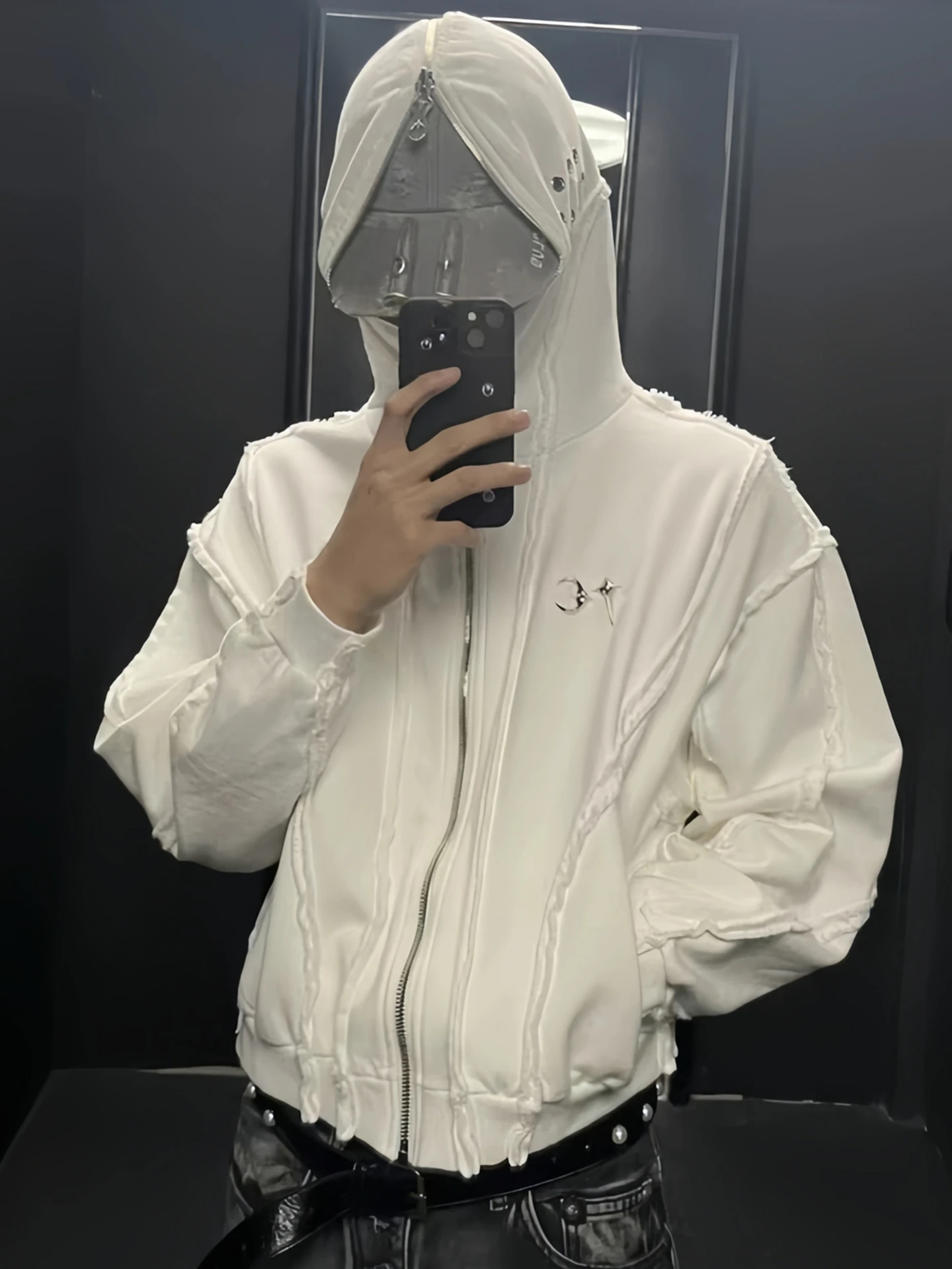 Thug Club High Street Apocalyptic Silver Accessory Hoodie Unisex Tear Zip Splicing Men's Women's Sweatshirt with Mask Design