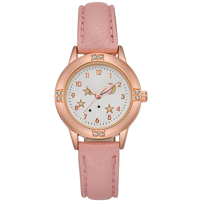 Reloj luminoso de cuarzo para mujer y niña, pulsera de cuero, informal, bonito, luna y estrella, nuevo