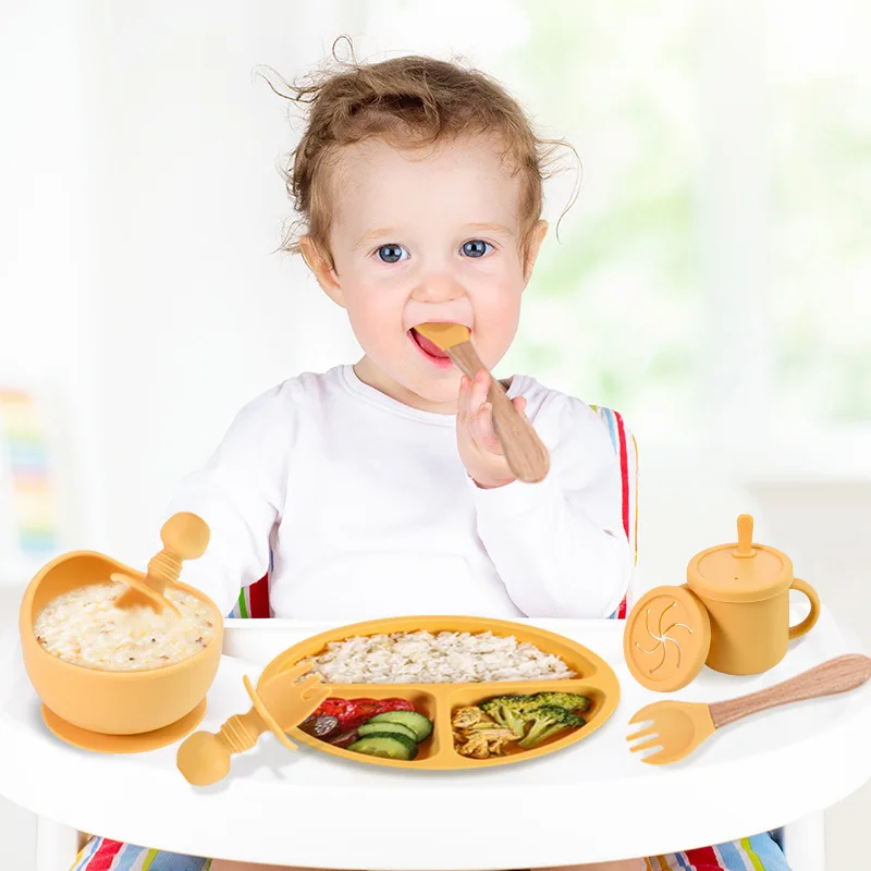BPA FREI Silikon Baby Fütterung Set Sauger Schüssel Teller Stroh Tasse Löffel Gabeln für Kinder Baby Geschirr Kinder Gerichte – Detail 3